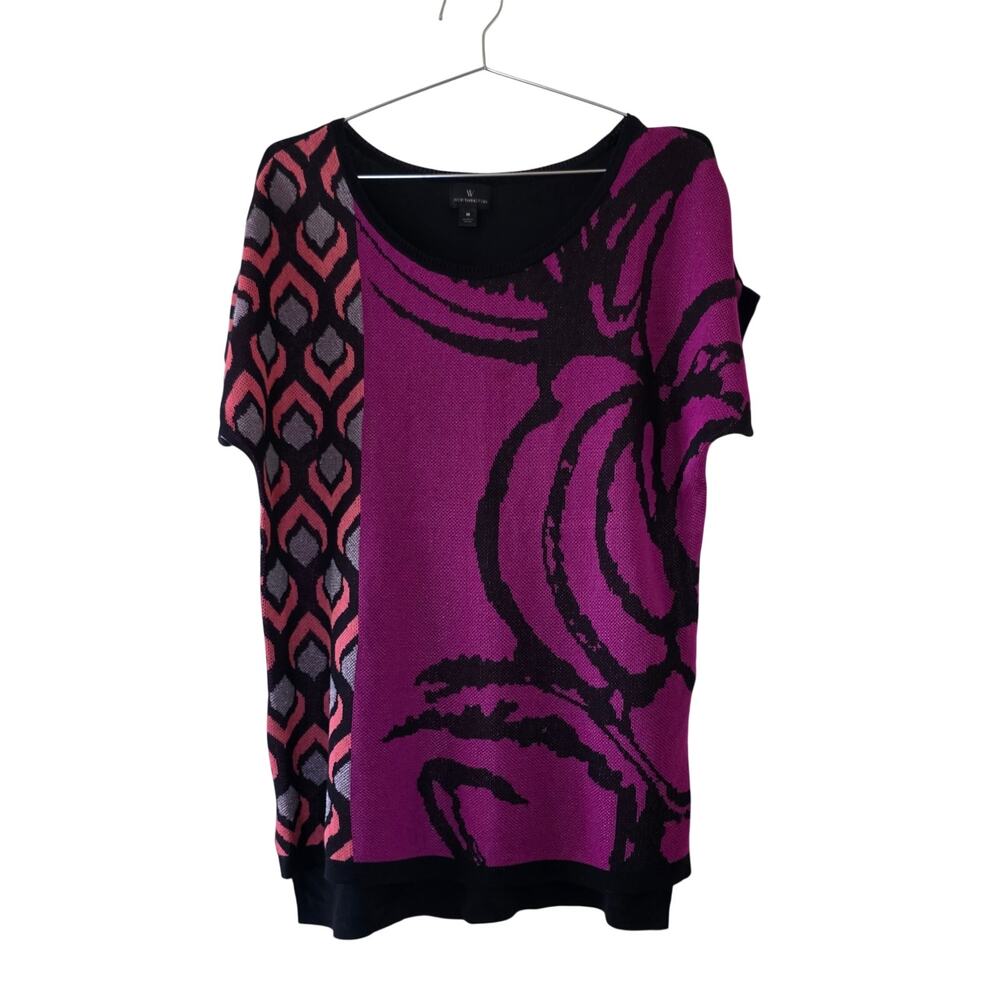 Worthington Mixed Print Knit Top Pink Black Short Sleeve Womens Medium